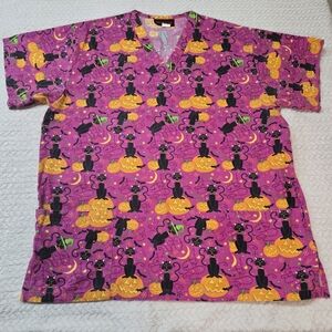 Halloween Scrubs Top Medium M Black Cats Jack O Lantern